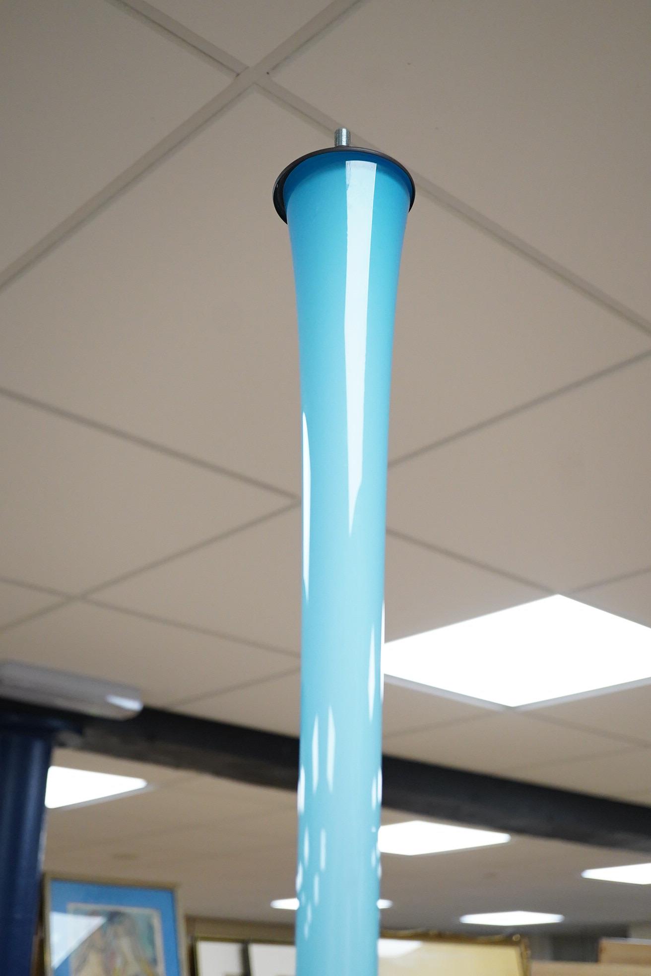 A Vincenza blue glass standard lamp base and a Italian Blenko oversized bottle and stopper, largest 143cm
